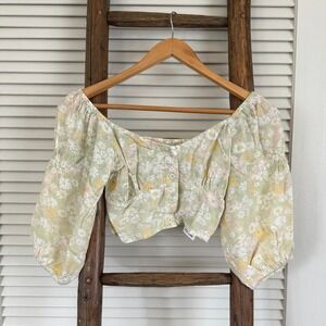 Billabong Floral Print Crop Top‎ Button Up Off Shoulder Peasant Blouse